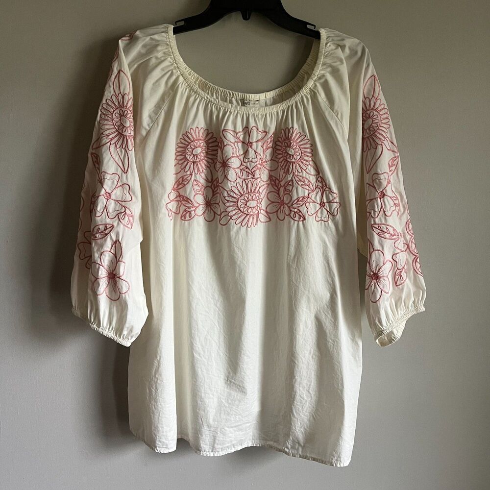 Cato Peasant Blouse Plus Size 18/20W Embroidered Cream Pink Floral Boho Cottage